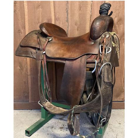 STT 17" Hard Seat Slickout with Barbed Wire Border Used Ranch Cutting Saddle